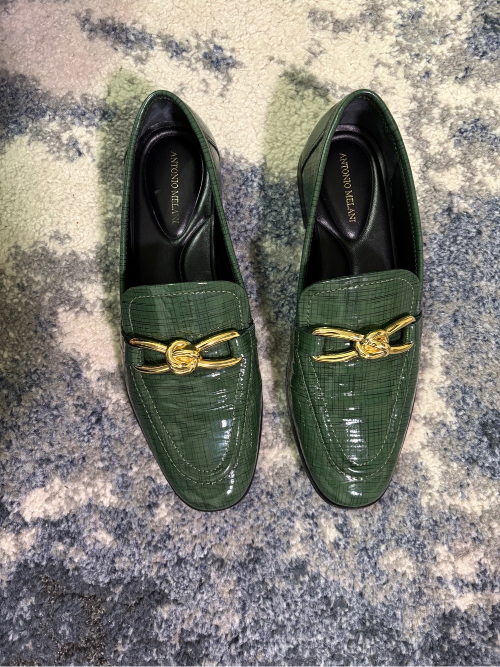 ANTONIO MELANI Green Patent Leather Loafers with Gold Chain